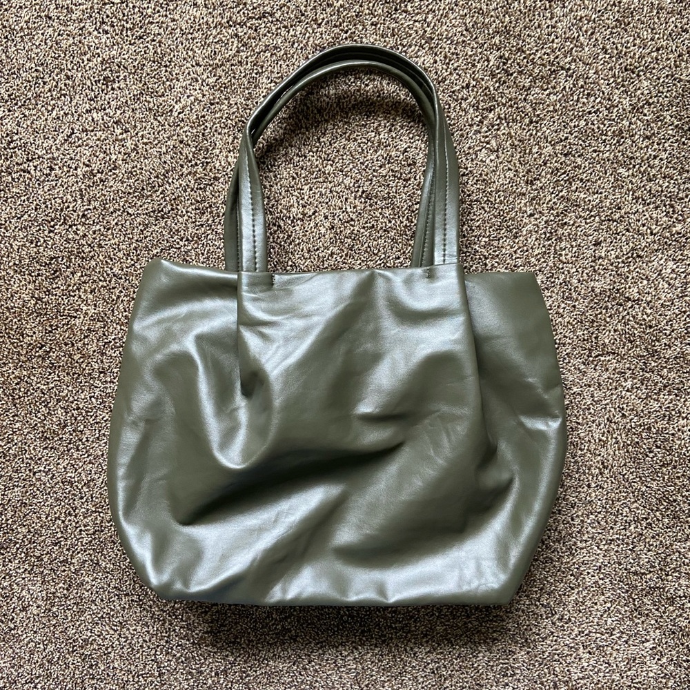 Neiman Marcus Leather Olive Green Tote Bag